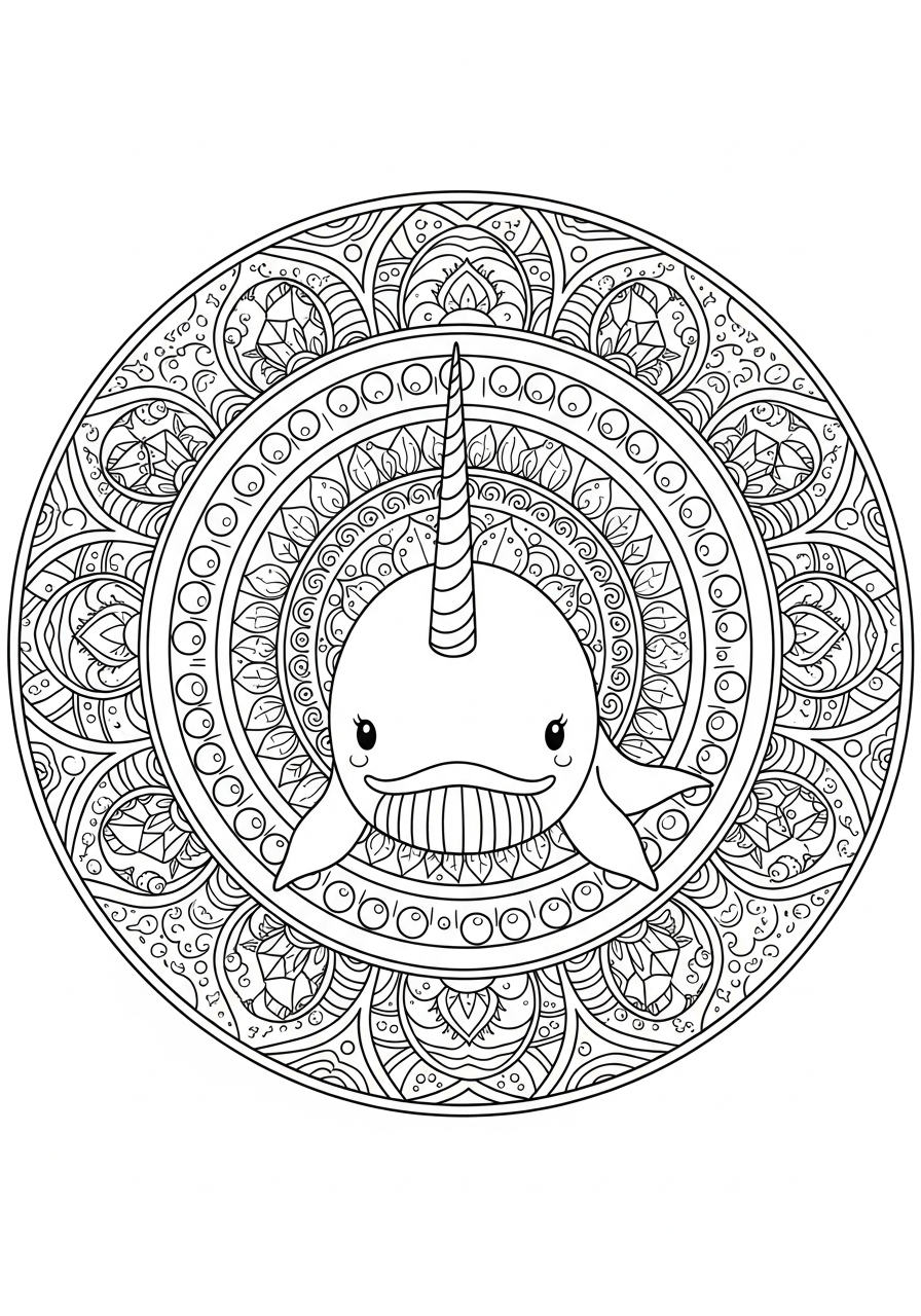 Narwhal Coloring Pages 5 Circular narwhal mandala design coloring page