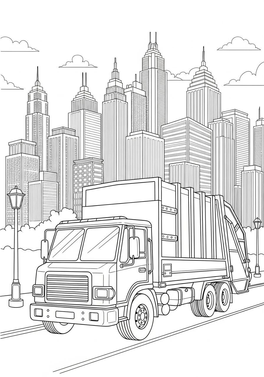 Garbage Truck Coloring Pages 9 City skyline background garbage truck coloring page