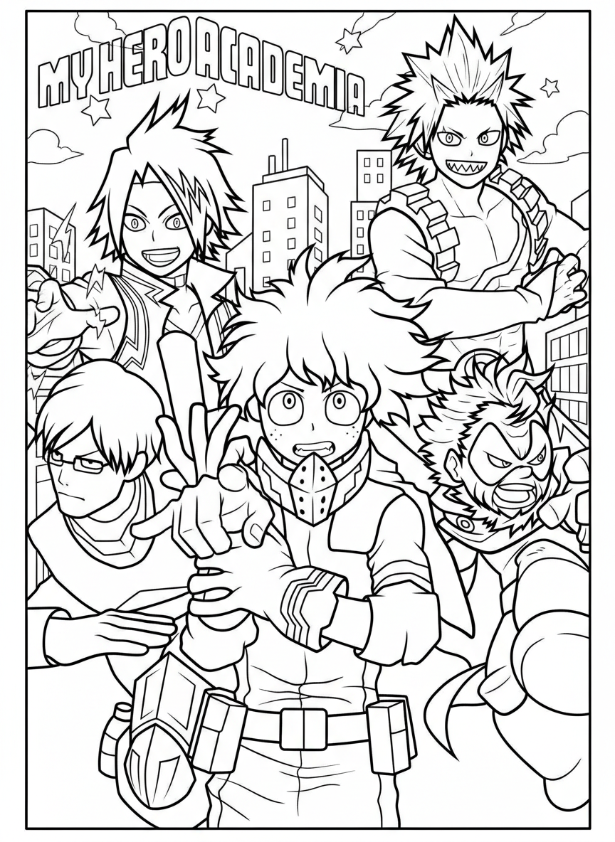 Class 1-A heroes group My Hero Academia coloring page