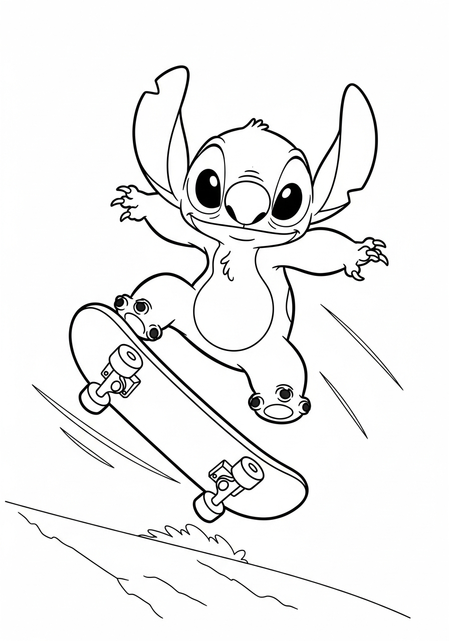 Cool Stitch skateboarding trick coloring page