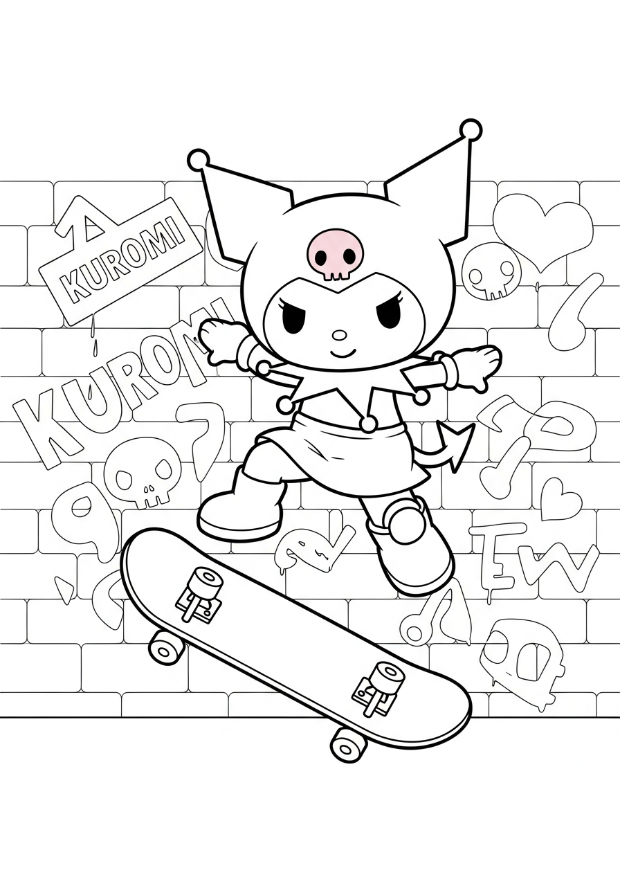 Cool skater Kuromi on skateboard coloring page
