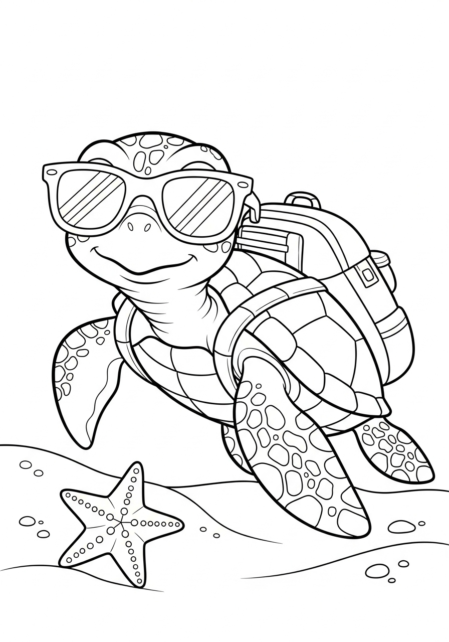 Cool turtle with sunglasses summer coloring page