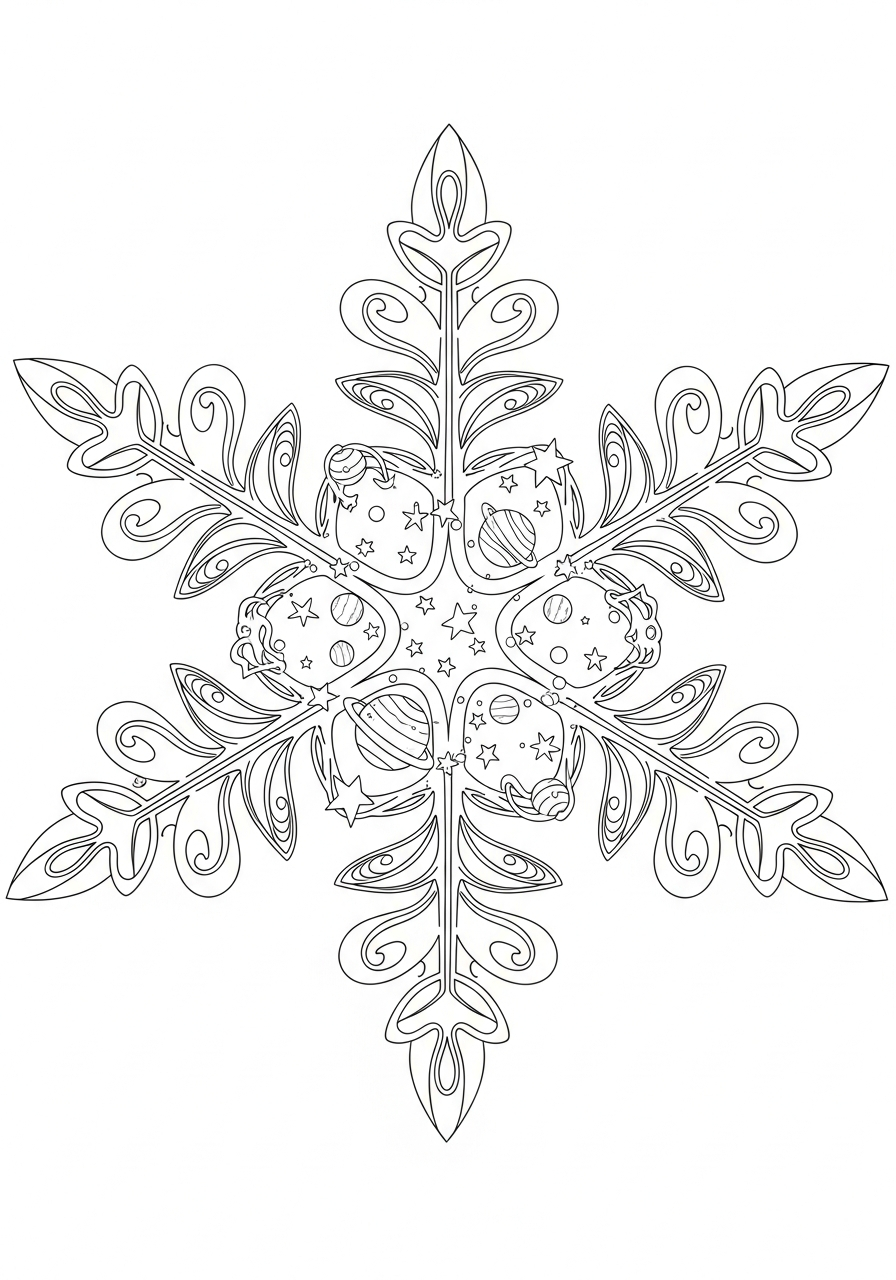 Cosmic galaxy star filled snowflake coloring page