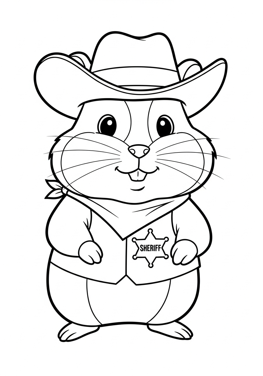 Cowboy hamster wearing sheriff hat coloring page