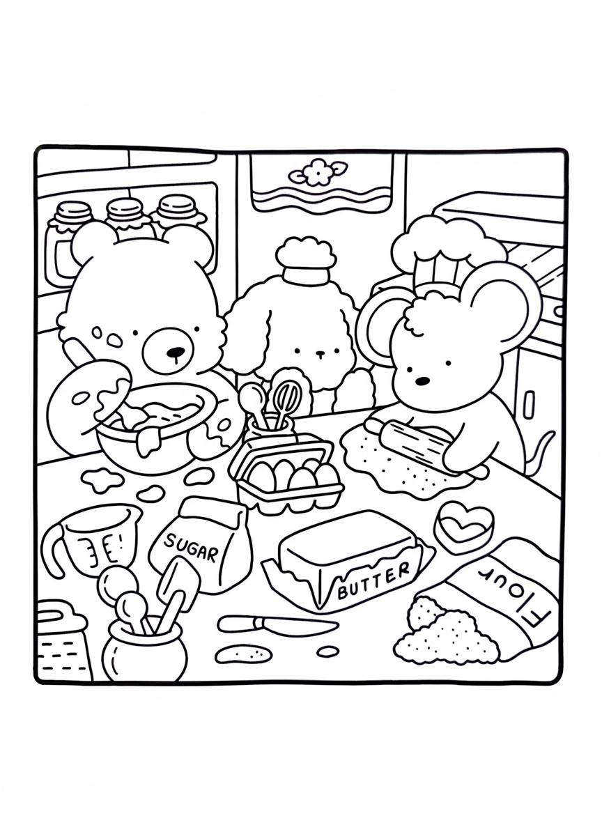 Cozy Friends coloring page animals baking with flour and butter