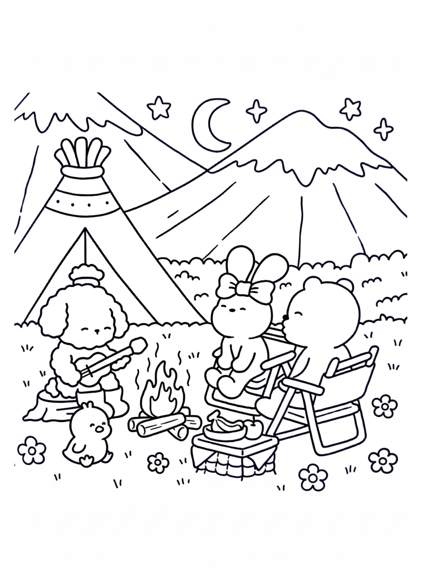 Cozy Friends coloring page animals camping with tent and guitar
