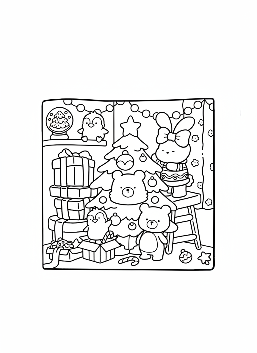 Cozy Friends coloring page animals decorating Christmas tree with gifts
