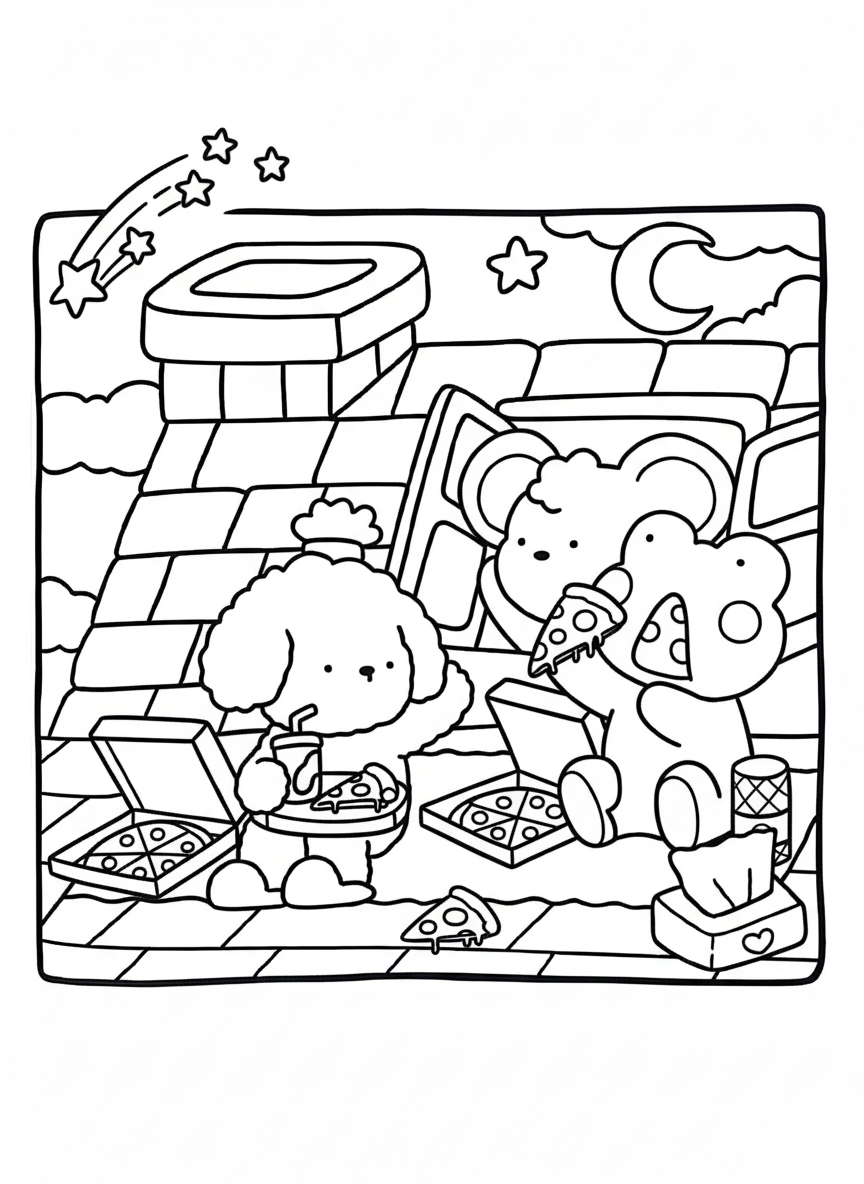 Cozy Friends coloring page animals having pizza picnic on rooftop