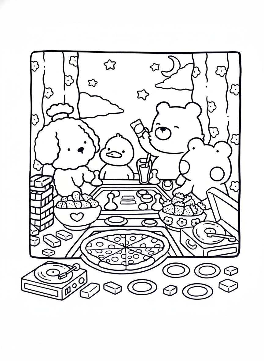 Cozy Friends coloring page animals playing board games and eating pizza