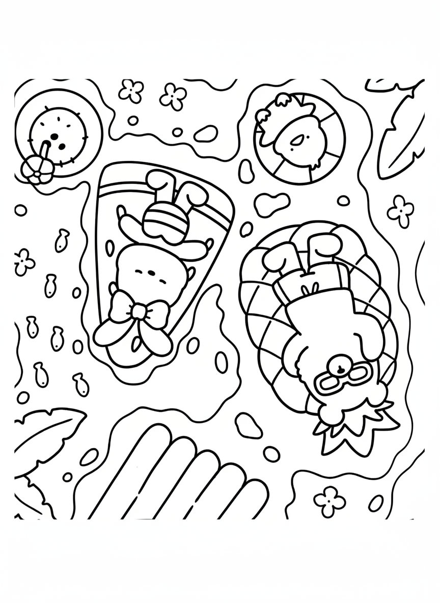 Cozy Friends coloring page animals relaxing on pool floats