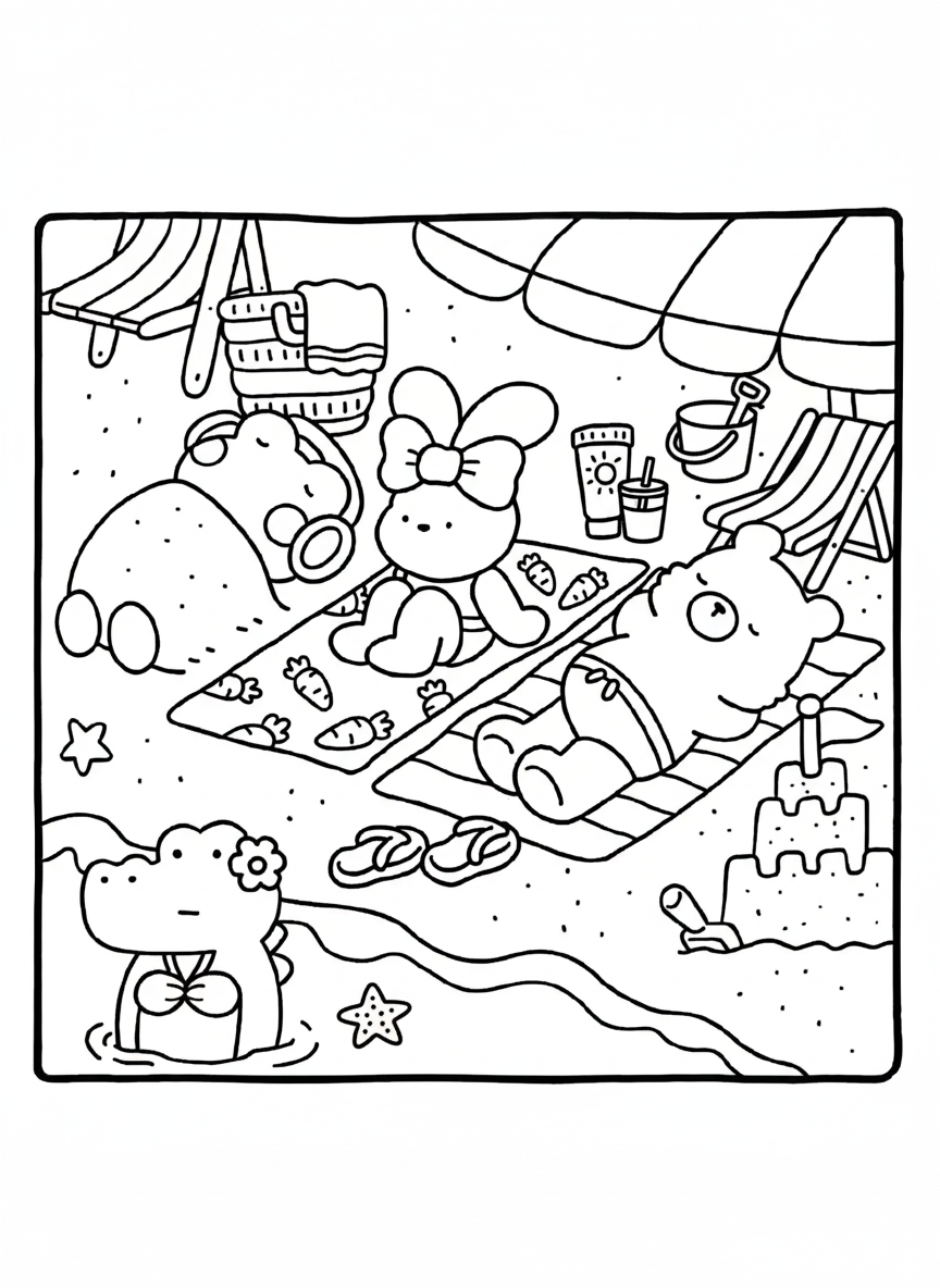 Cozy Friends coloring page animals relaxing on the beach