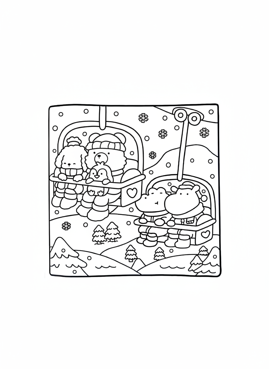 Cozy Friends coloring page animals riding ski lift in winter