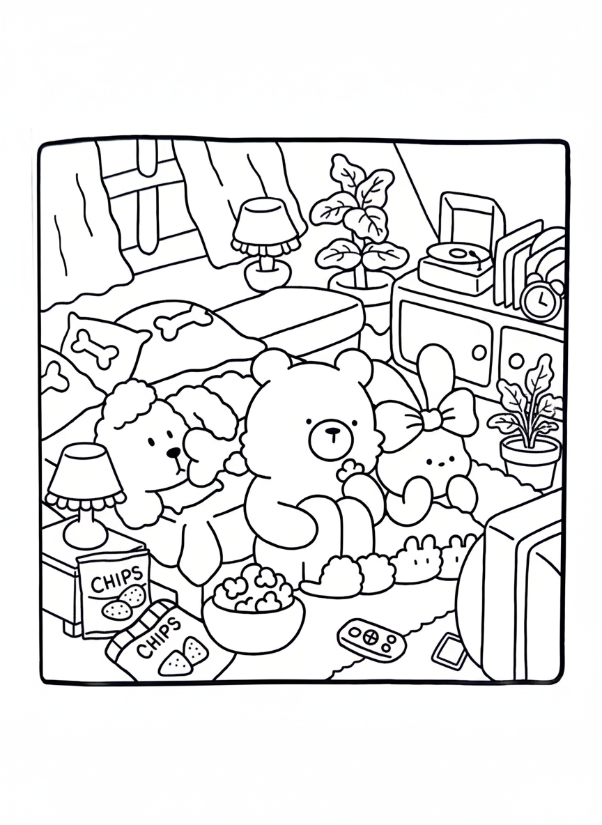 Cozy Friends coloring page animals watching TV with snacks