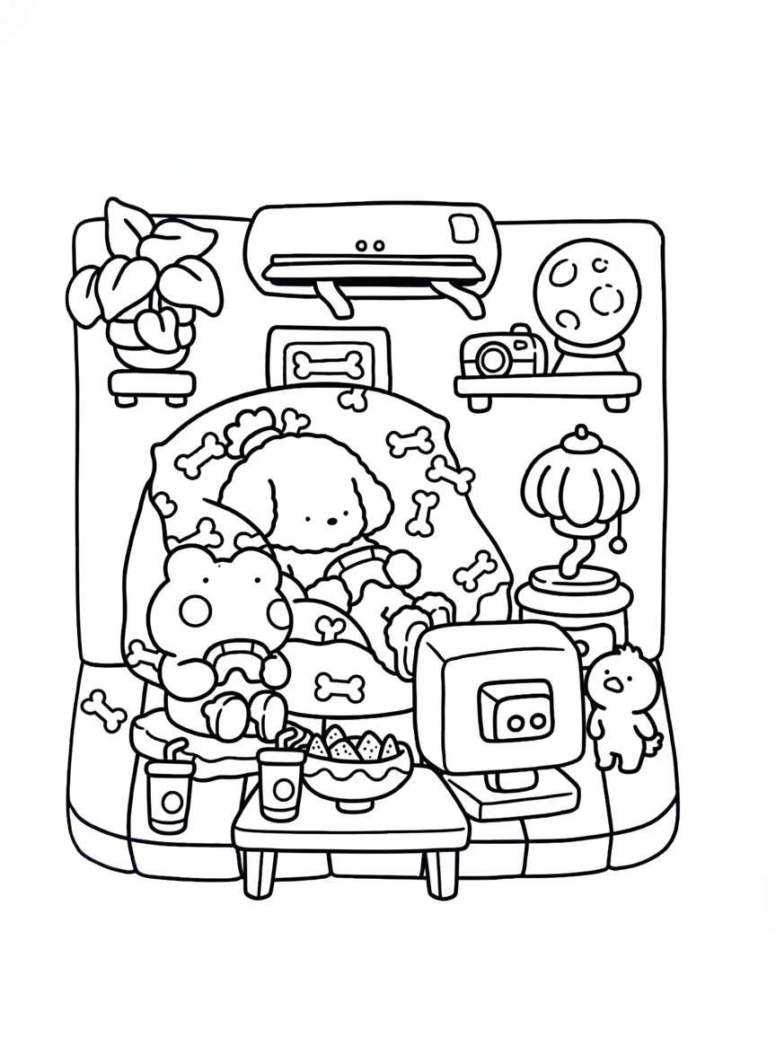 Cozy Friends coloring page animals watching movie under blanket