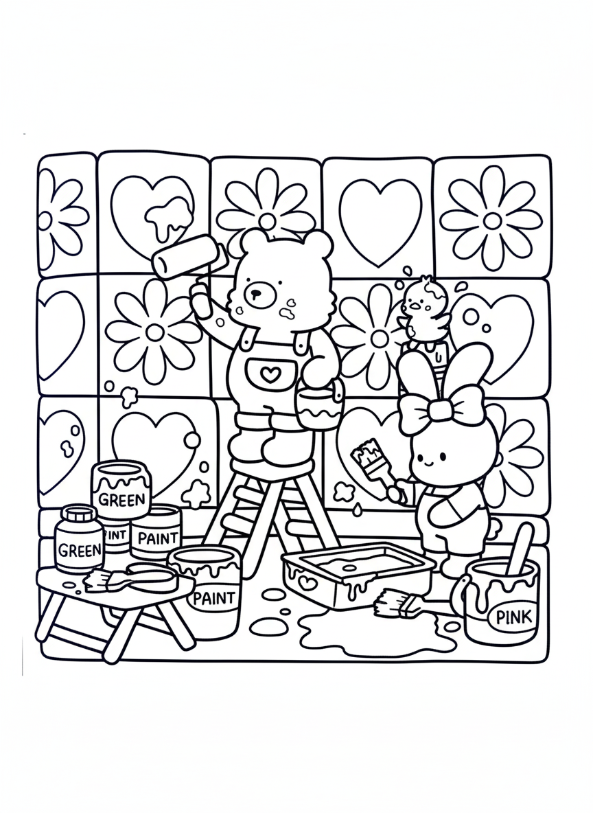 Cozy Friends coloring page bear and bunny painting wall with hearts
