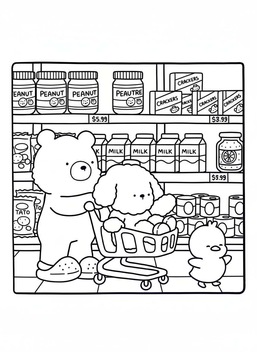 Cozy Friends coloring page bear and friends grocery shopping
