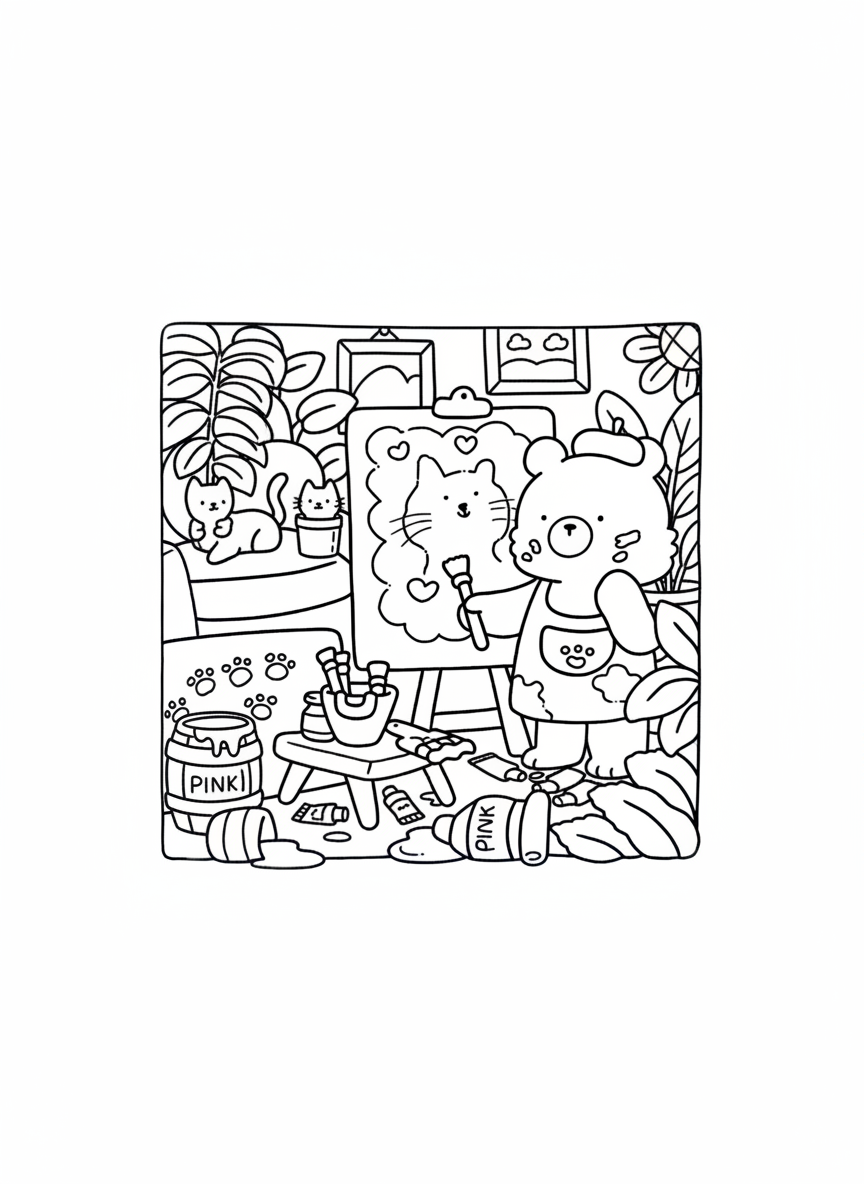 Cozy Friends coloring page bear artist painting cat portrait