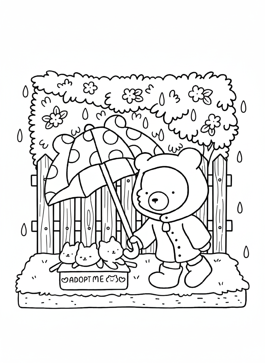 Cozy Friends coloring page bear sheltering kittens in rain
