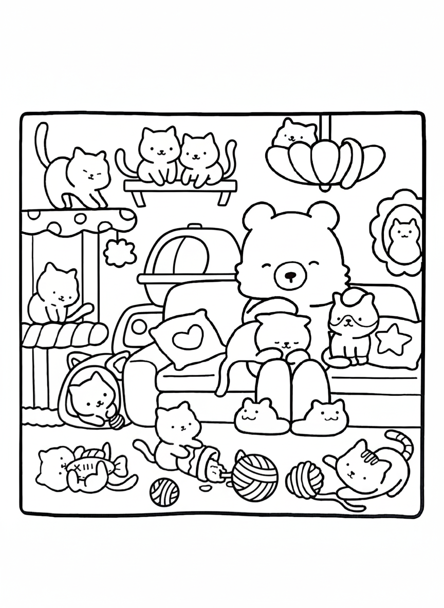 Cozy Friends coloring page bear sitting in room full of cats