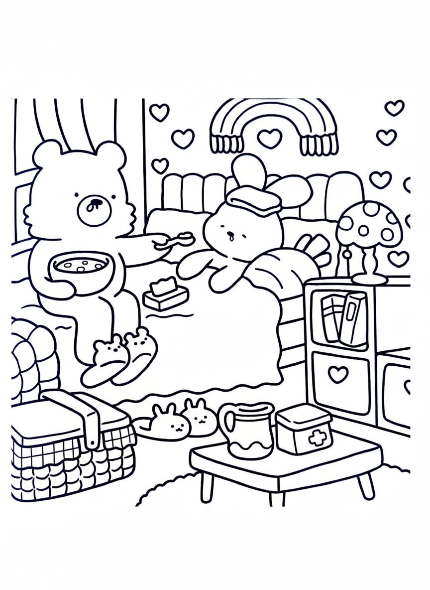 Cozy Friends coloring page bear taking care of sick bunny in bed