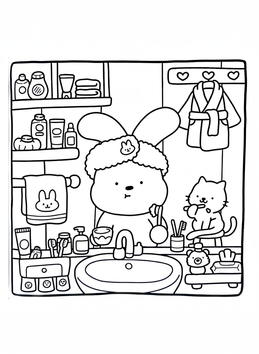 Cozy Friends coloring page bunny and cat brushing teeth in bathroom