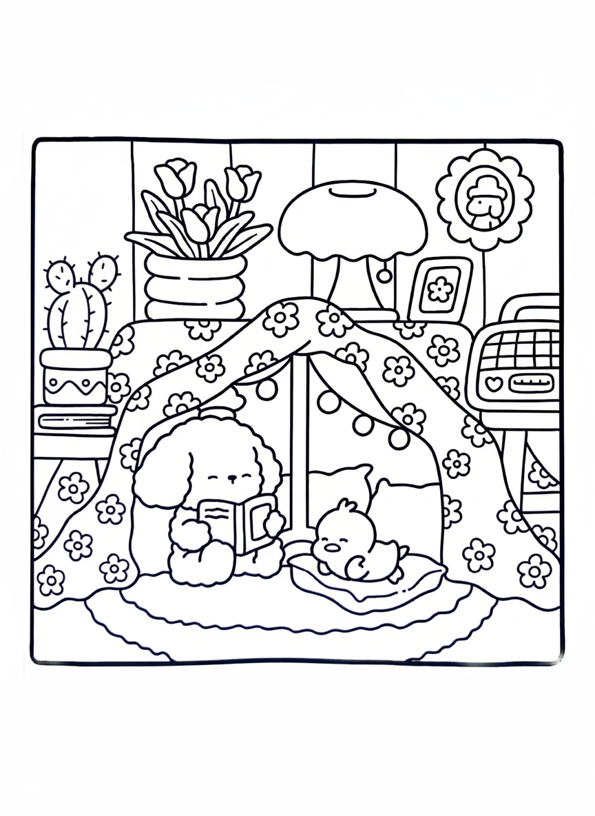 Cozy Friends coloring page dog reading book inside blanket fort