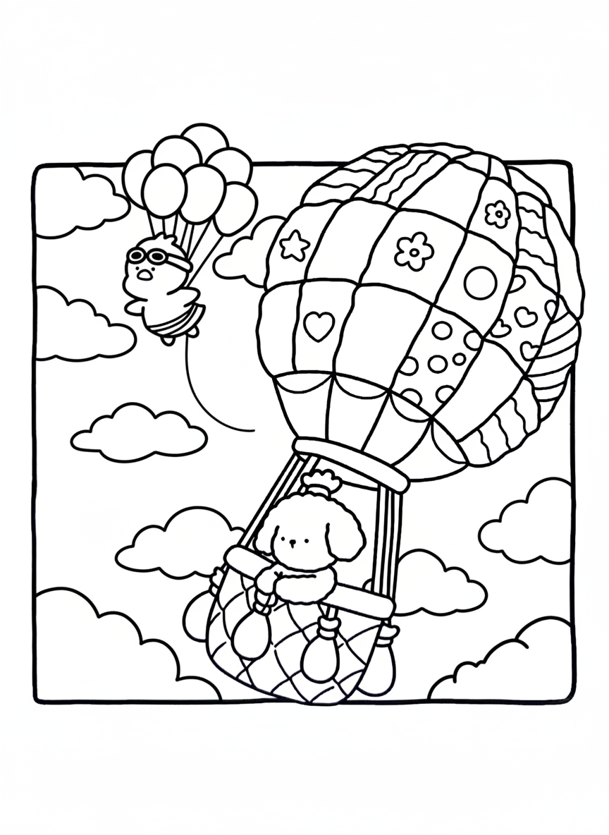 Cozy Friends coloring page dog riding hot air balloon