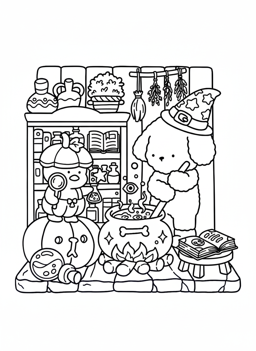 Cozy Friends coloring page dog witch stirring potion cauldron