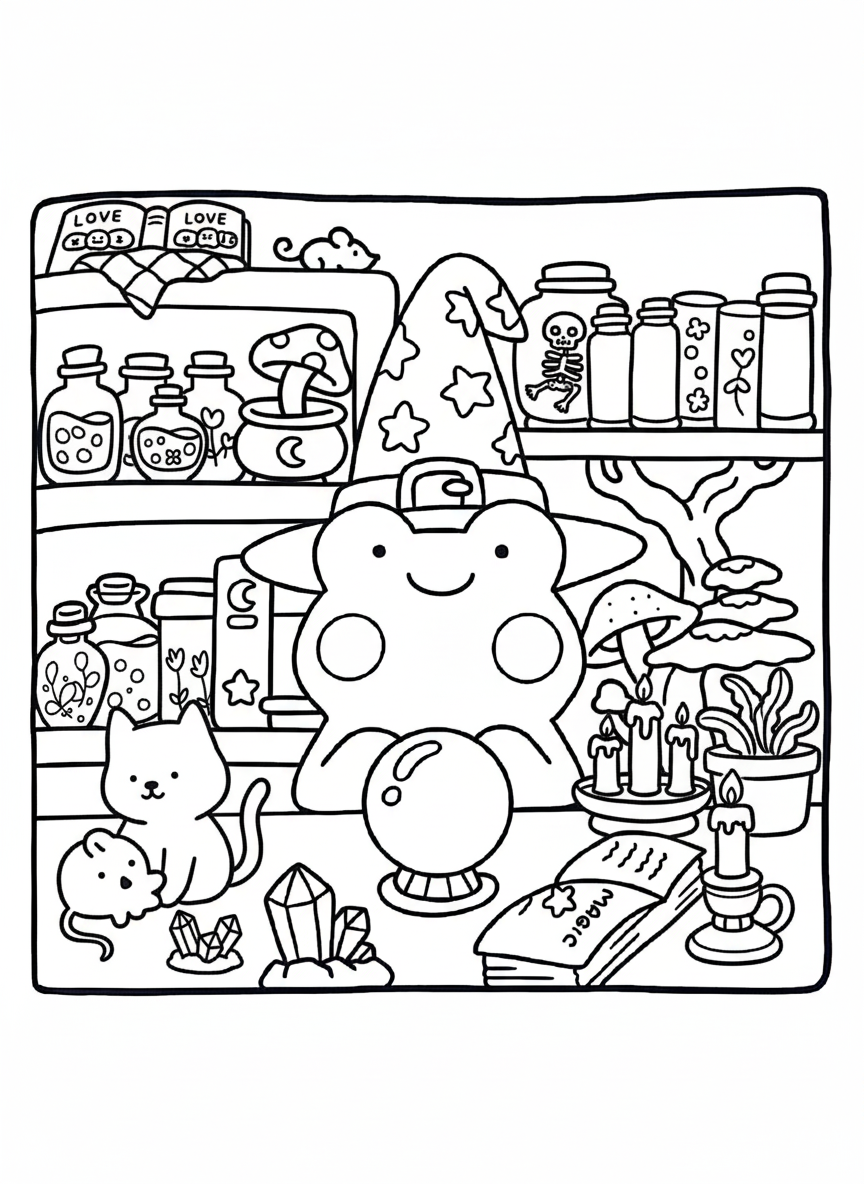 Cozy Friends coloring page frog wizard with crystal ball and potions