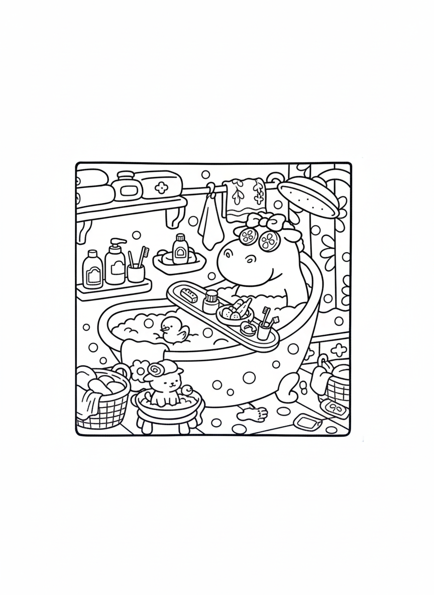 Cozy Friends coloring page hippo relaxing in bubble bath spa
