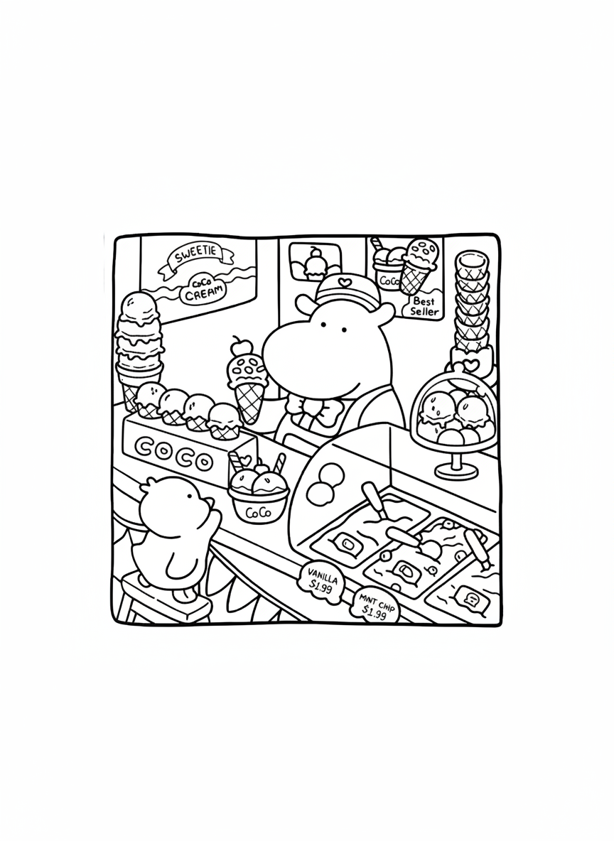 Cozy Friends coloring page hippo serving ice cream to little duck