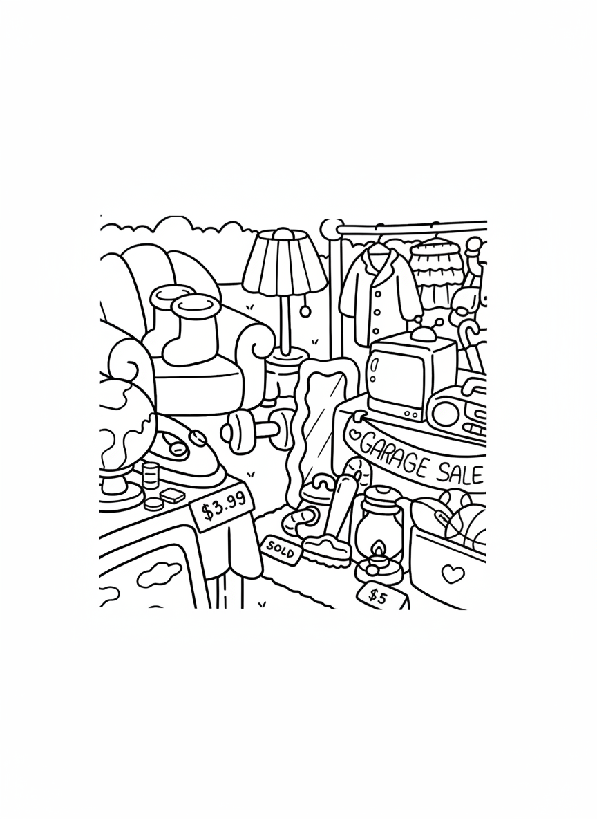 Cozy Friends coloring page household items at garage sale