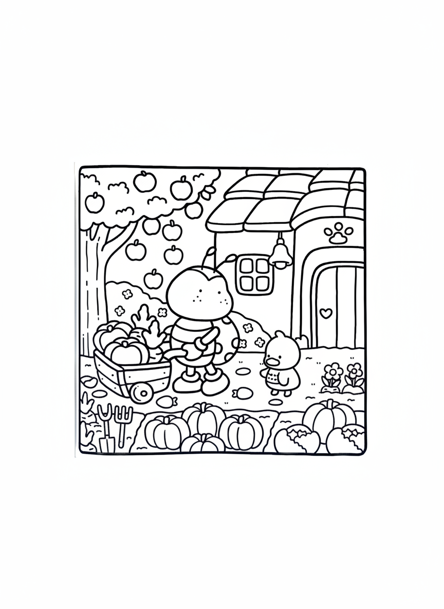 Cozy Friends coloring page ladybug and duck harvesting pumpkins and apples