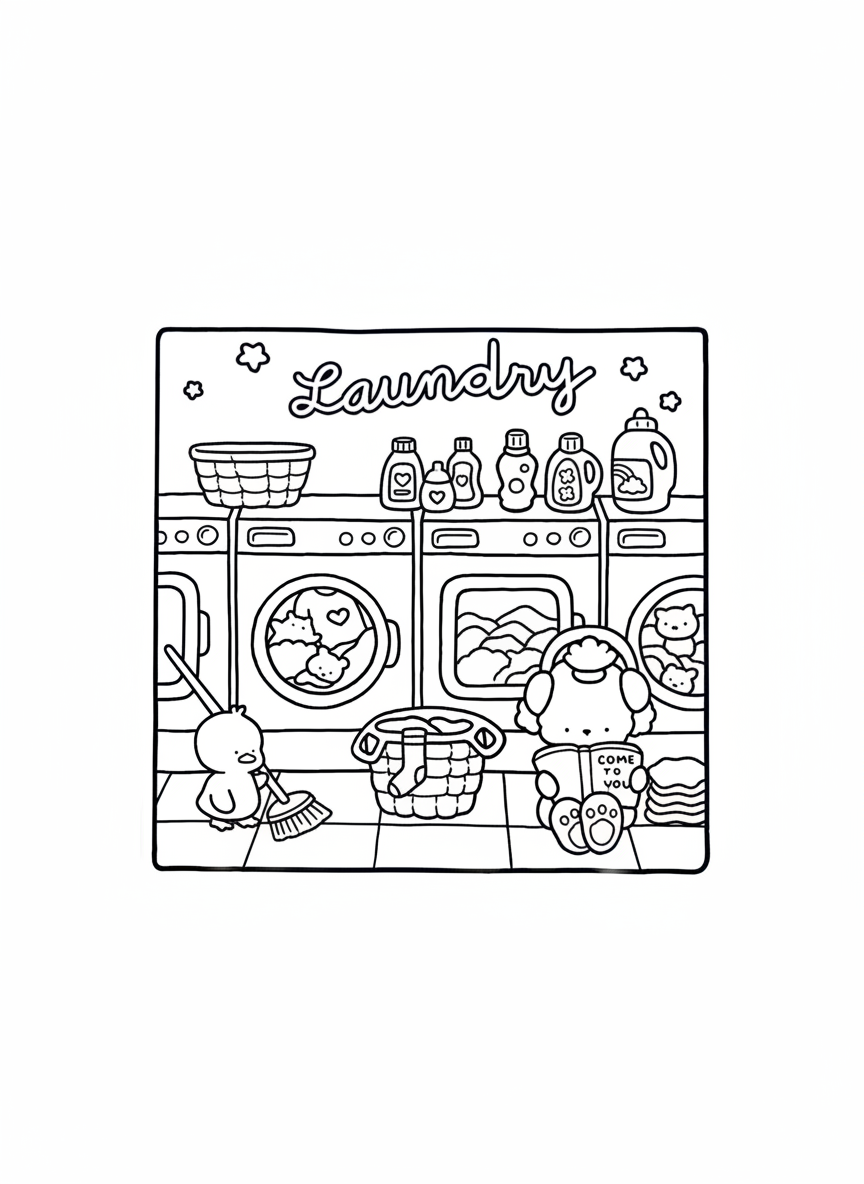 Cozy Friends coloring page laundry room with duck and puppy