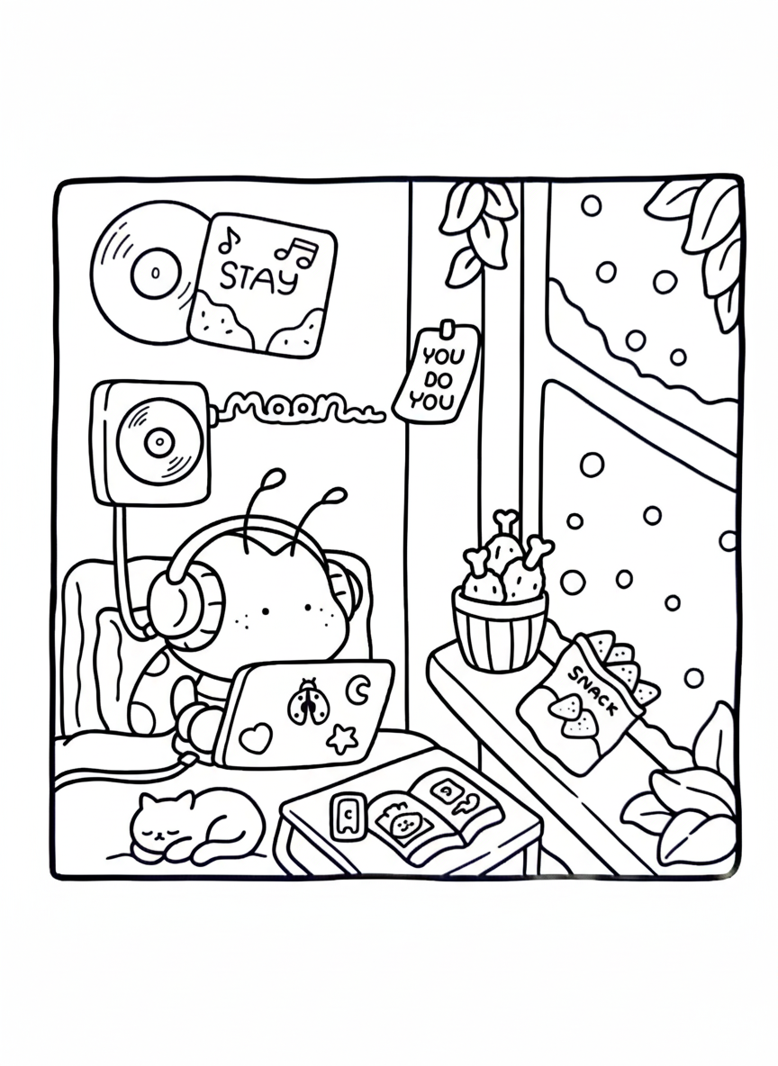 Cozy Friends coloring page little bug working on laptop