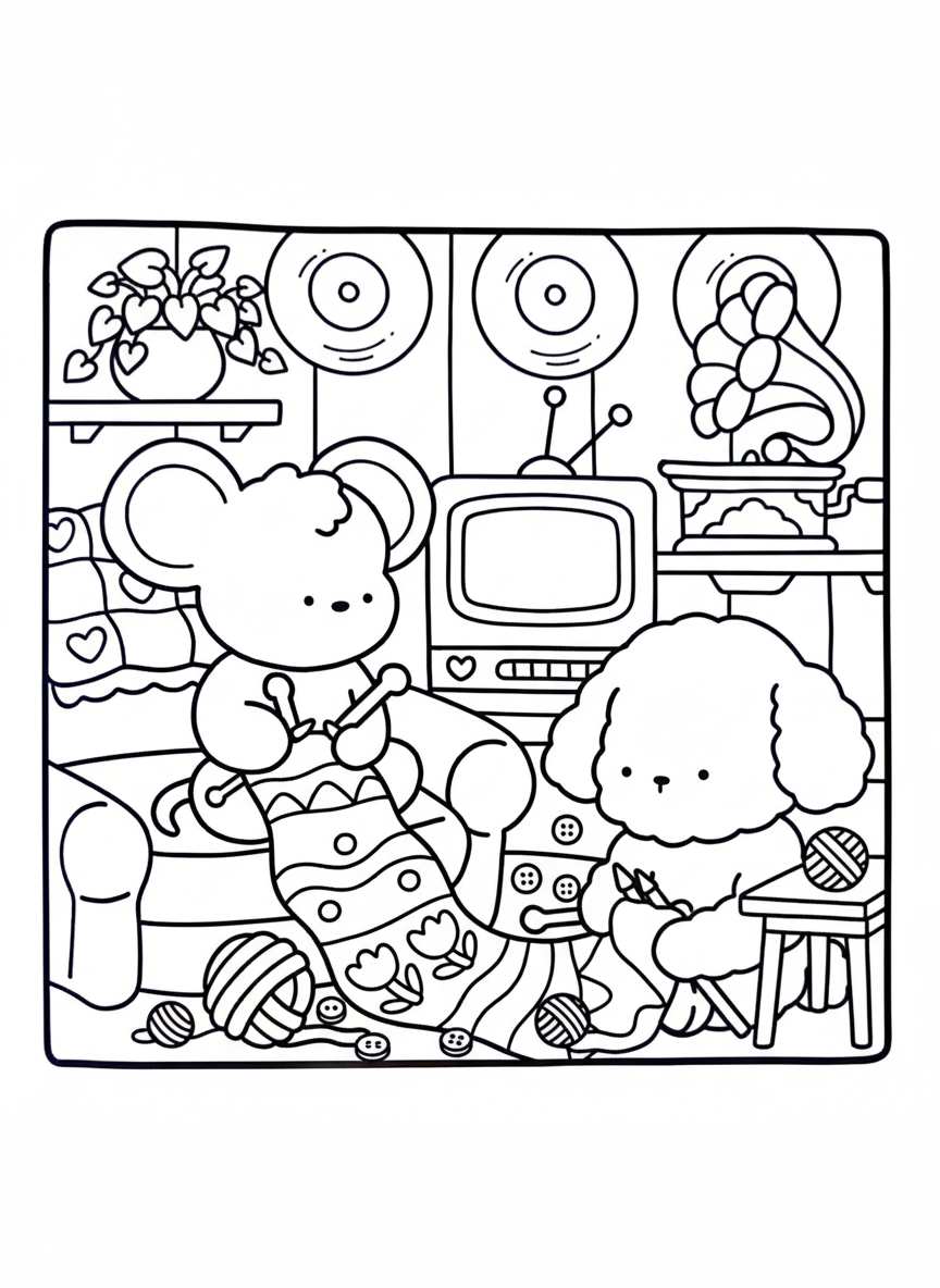 Cozy Friends coloring page mouse and dog knitting scarf together