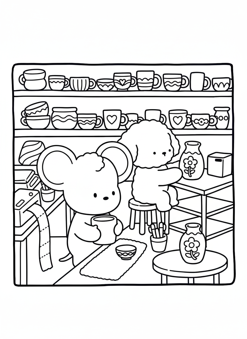 Cozy Friends coloring page mouse and dog with ceramic cups