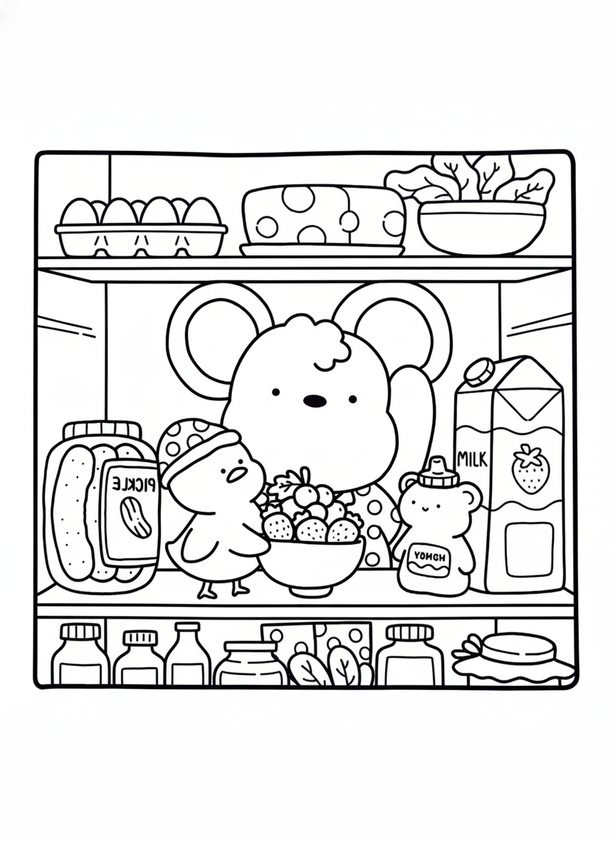 Cozy Friends coloring page mouse and duck inside fridge