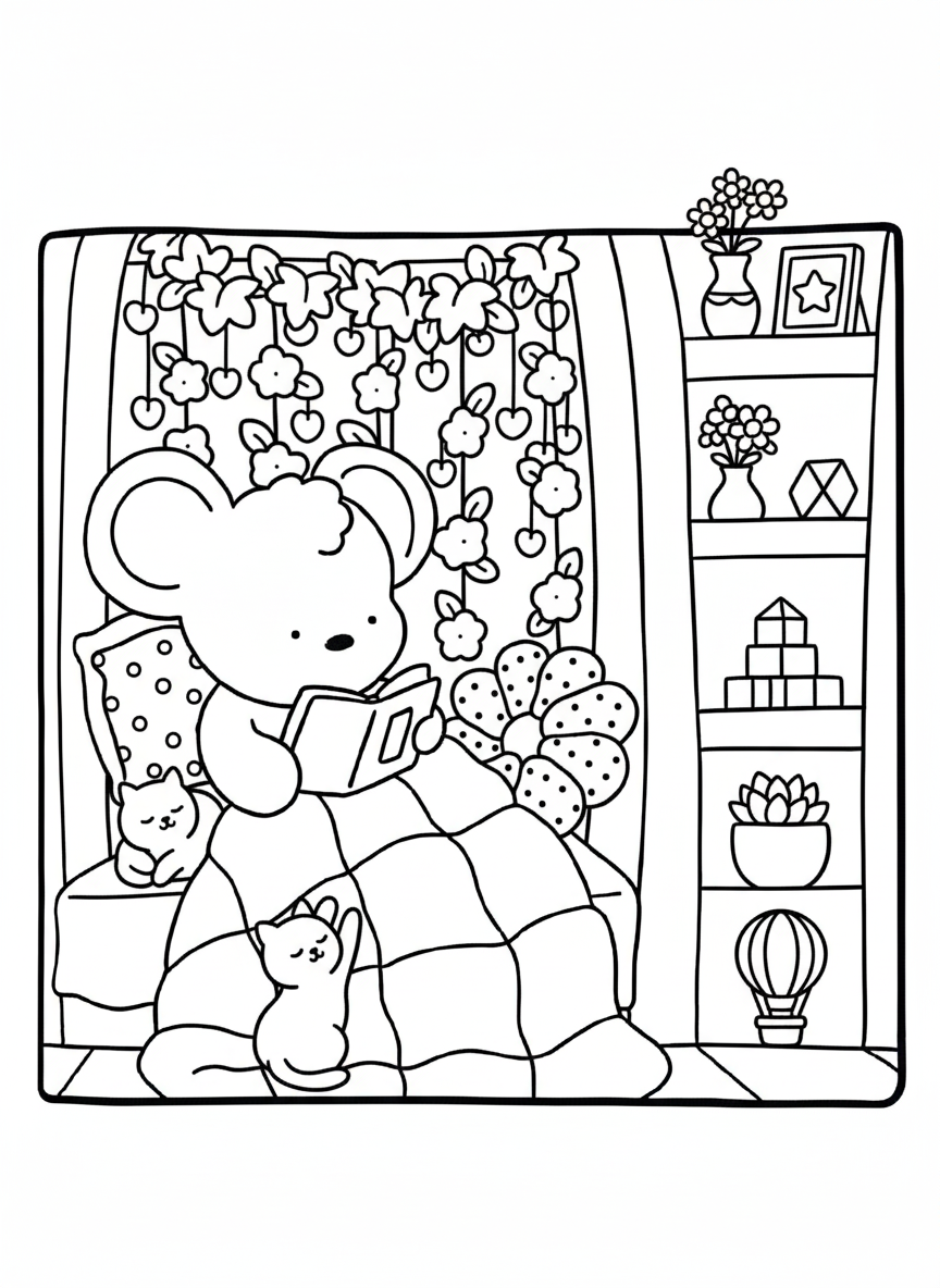 Cozy Friends coloring page mouse reading book in cozy corner