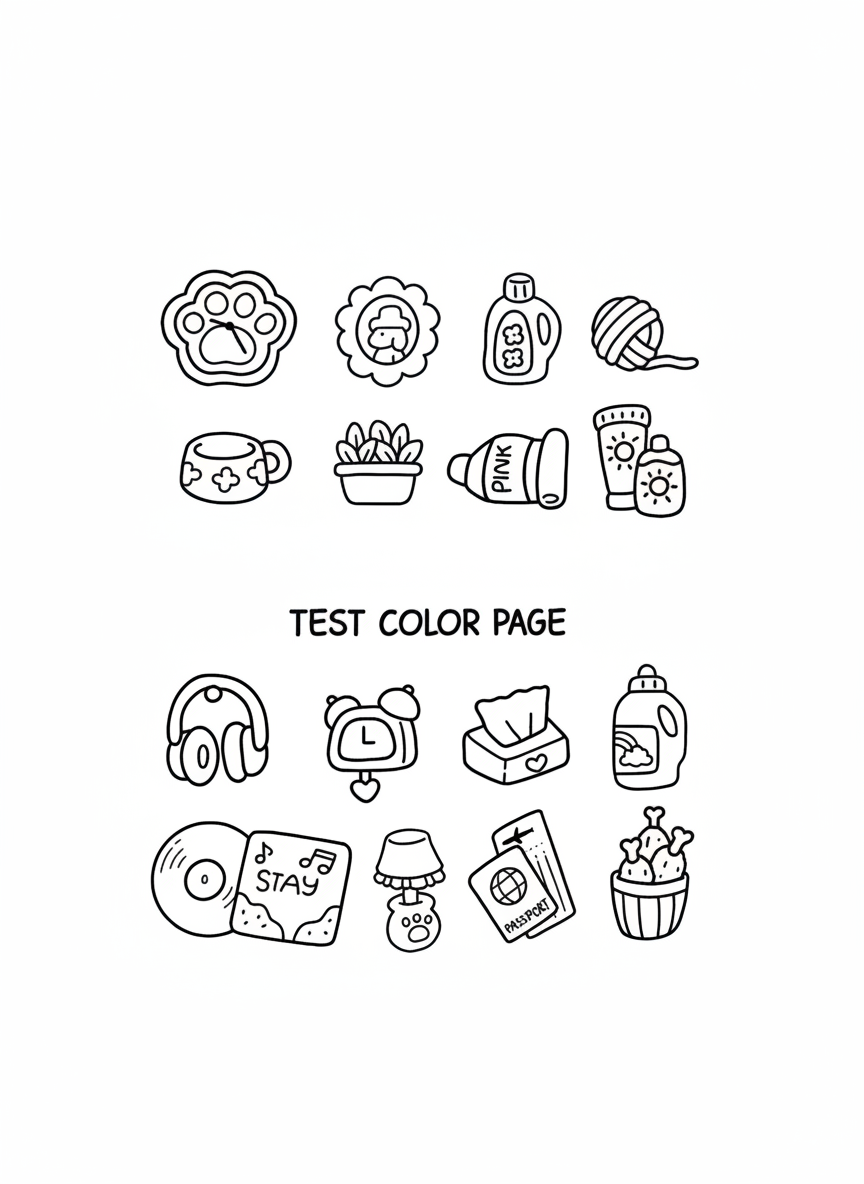 Cozy Friends coloring page small object icons test sheet