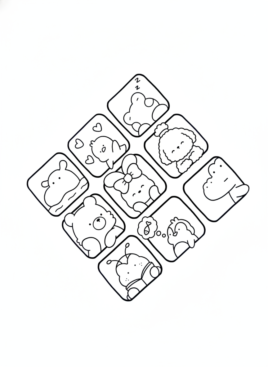 Cozy Friends coloring page square portraits of cute animals