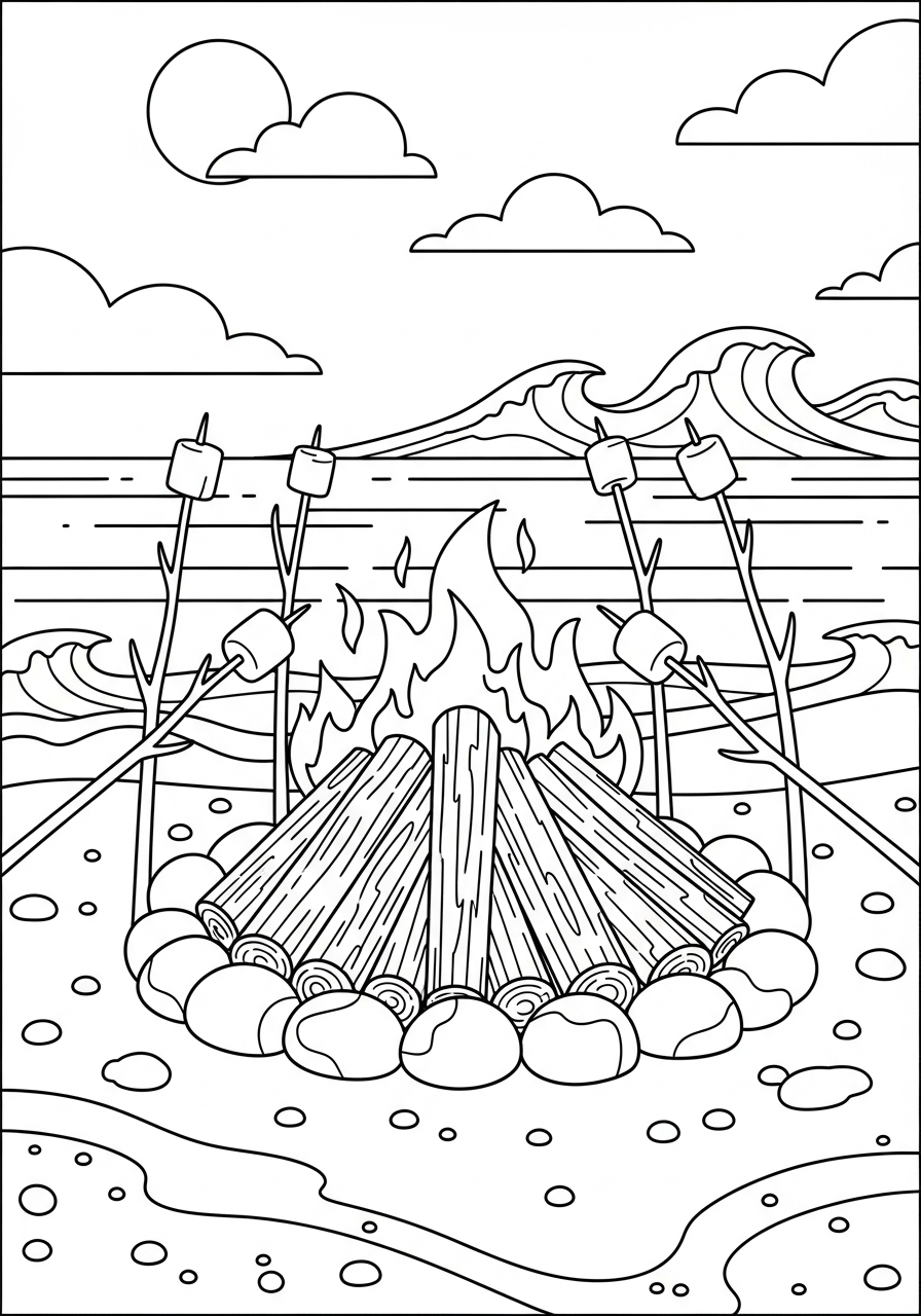 Cozy beach bonfire night scene coloring page