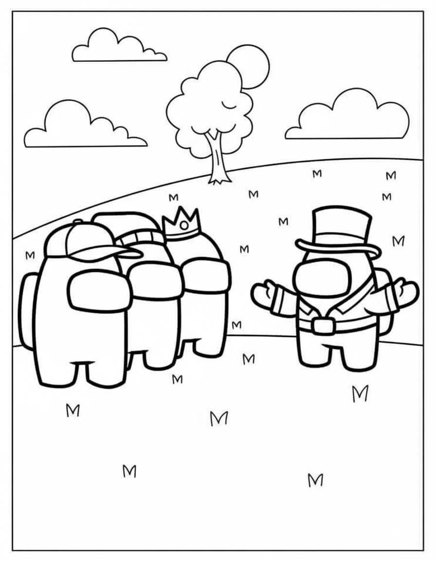 Crewmates group with hats Among Us coloring page