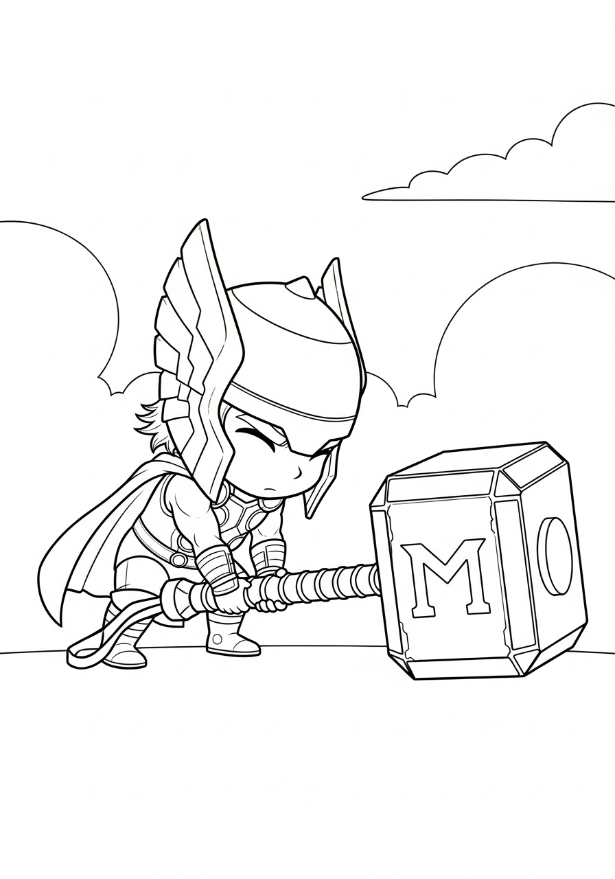 Cute Chibi Thor lifting hammer coloring page