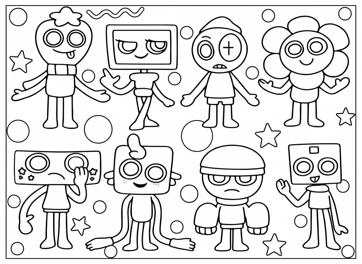 Cute Dandy’s World characters sticker sheet coloring page