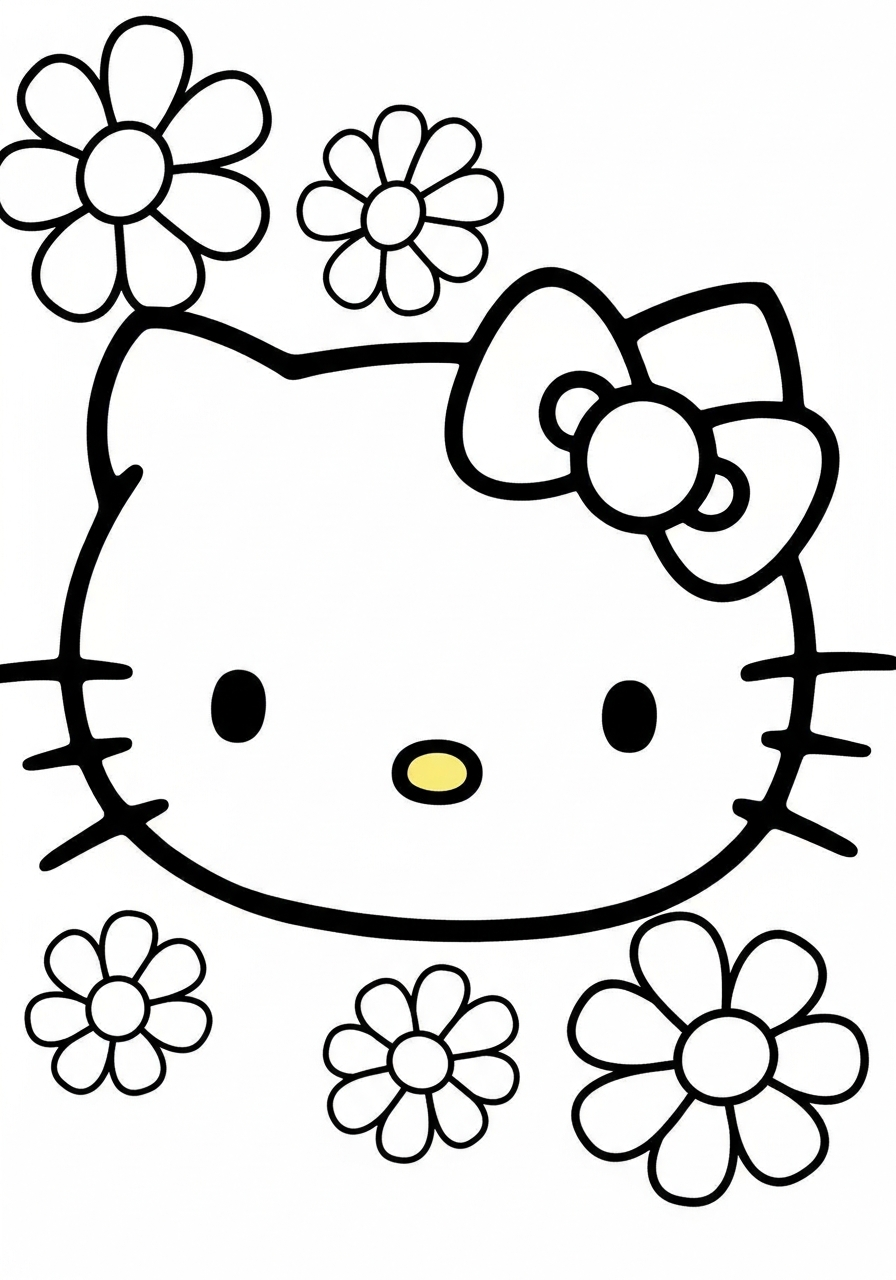 Cute Hello Kitty face with flowers coloring page