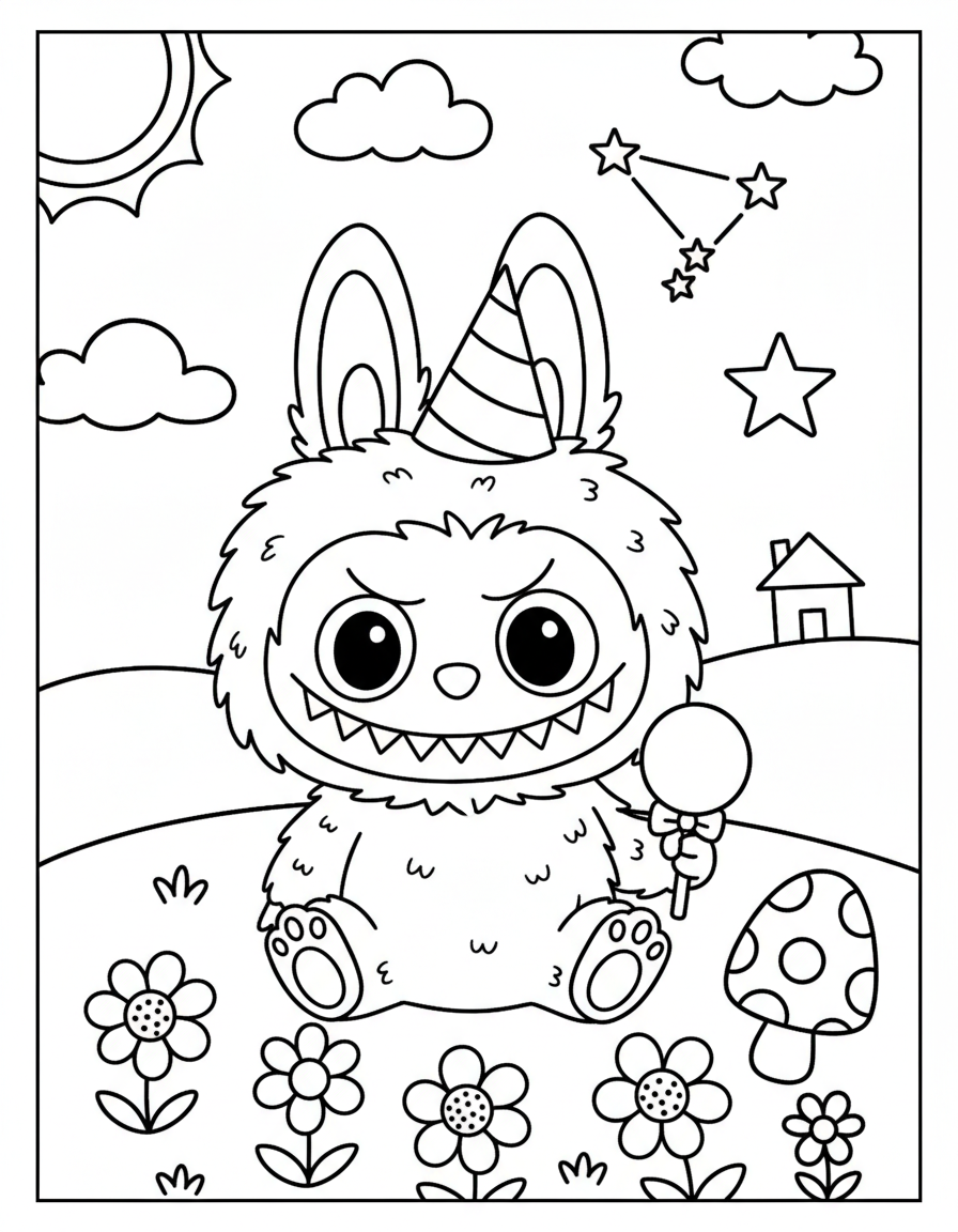 Cute Labubu party hat birthday coloring page