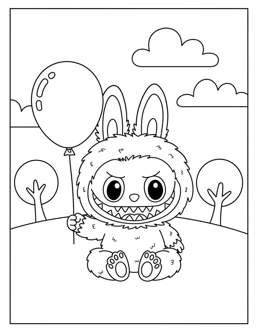 Cute Labubu sitting holding balloon coloring page