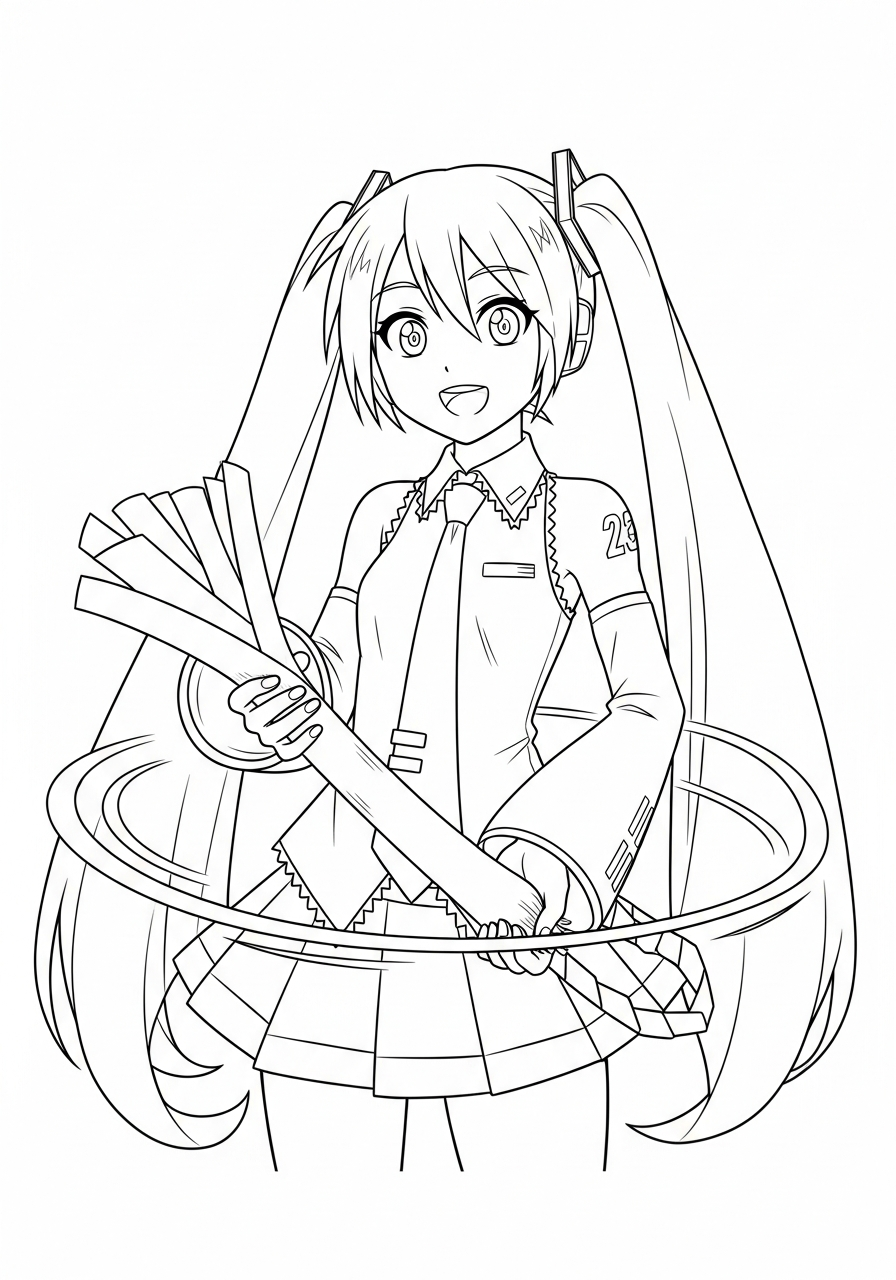 Cute Miku holding leek coloring page