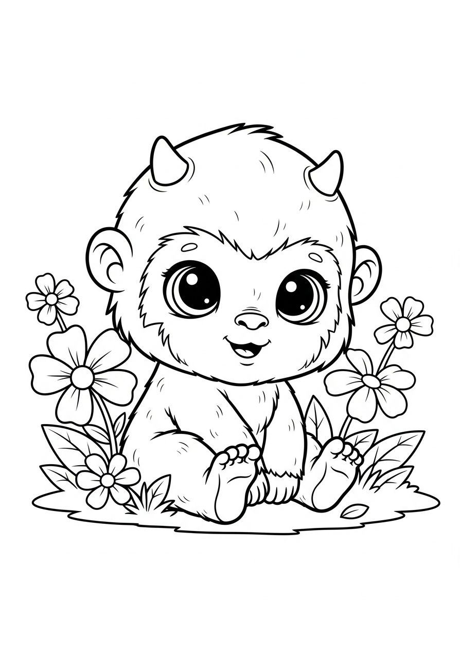 Bigfoot Coloring Pages 10 Cute baby bigfoot with flowers coloring page